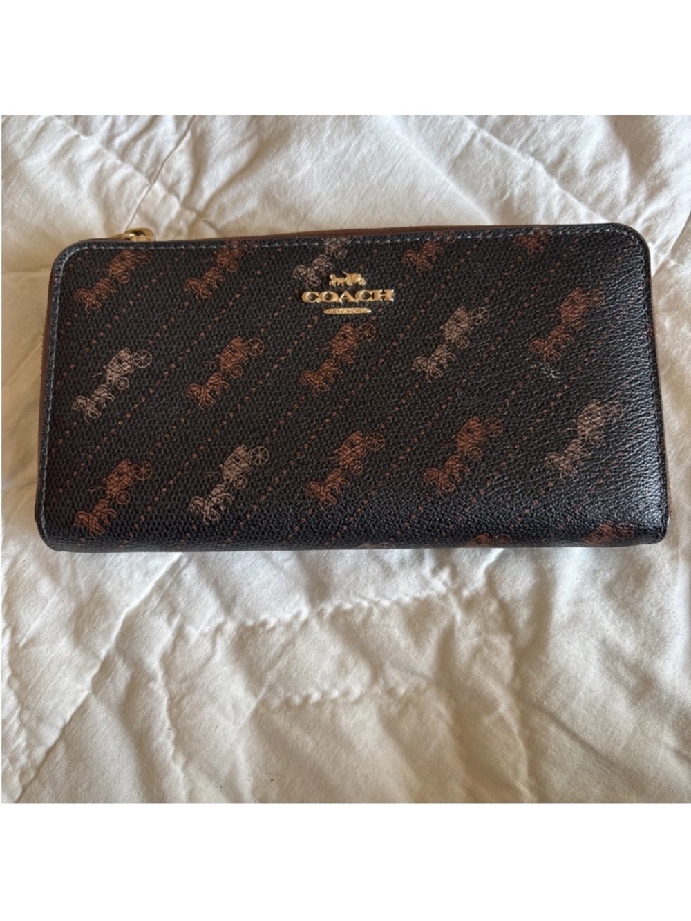 Coach Black & Brown Signature Zip Wallet with Gold Logo